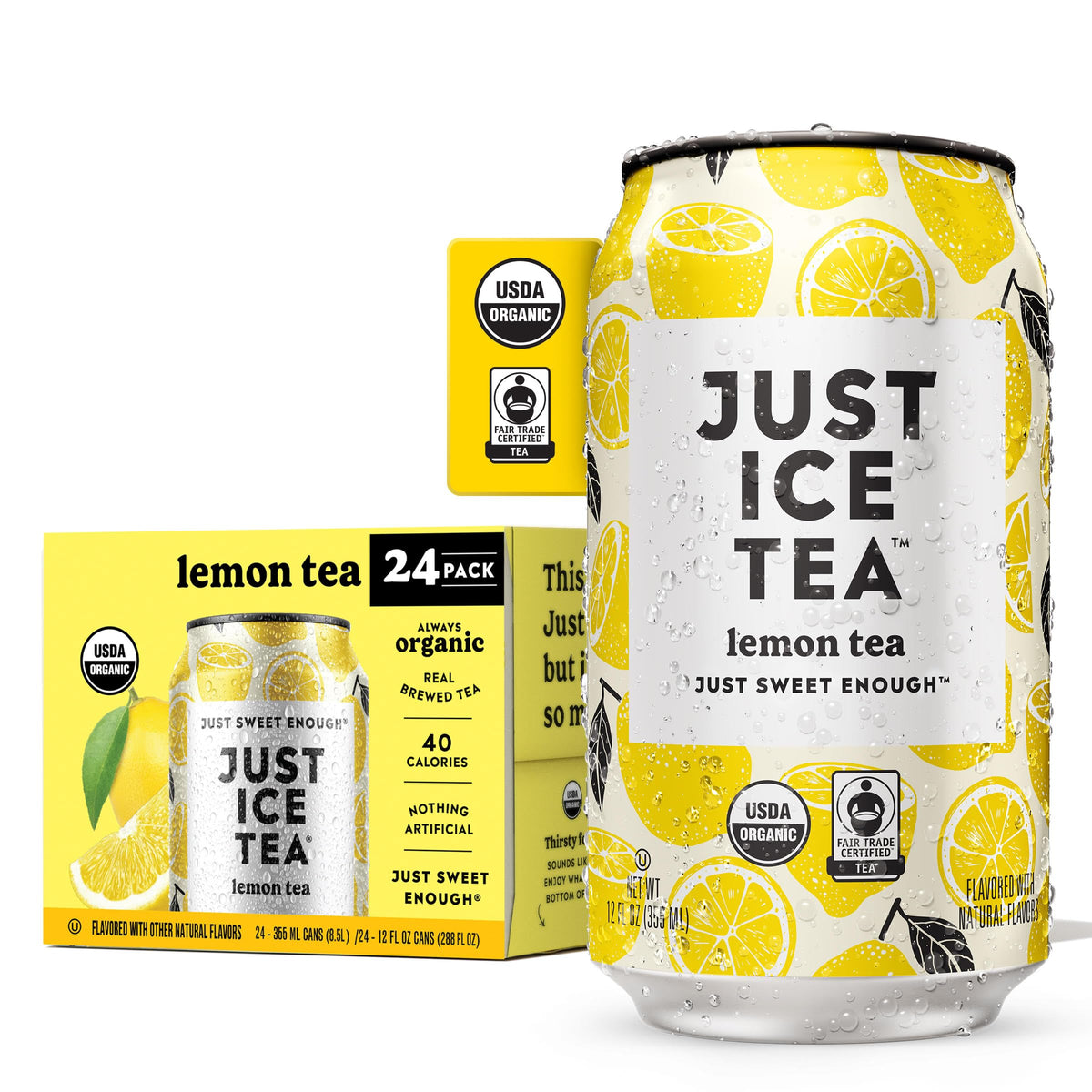 Just Ice Tea lemon black tea can, crisp lemon flavor for a refreshing afternoon pick-me-up.