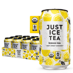 Just Ice Tea Lemon can closeup showing fresh-brewed flavor for on-the-go refreshment