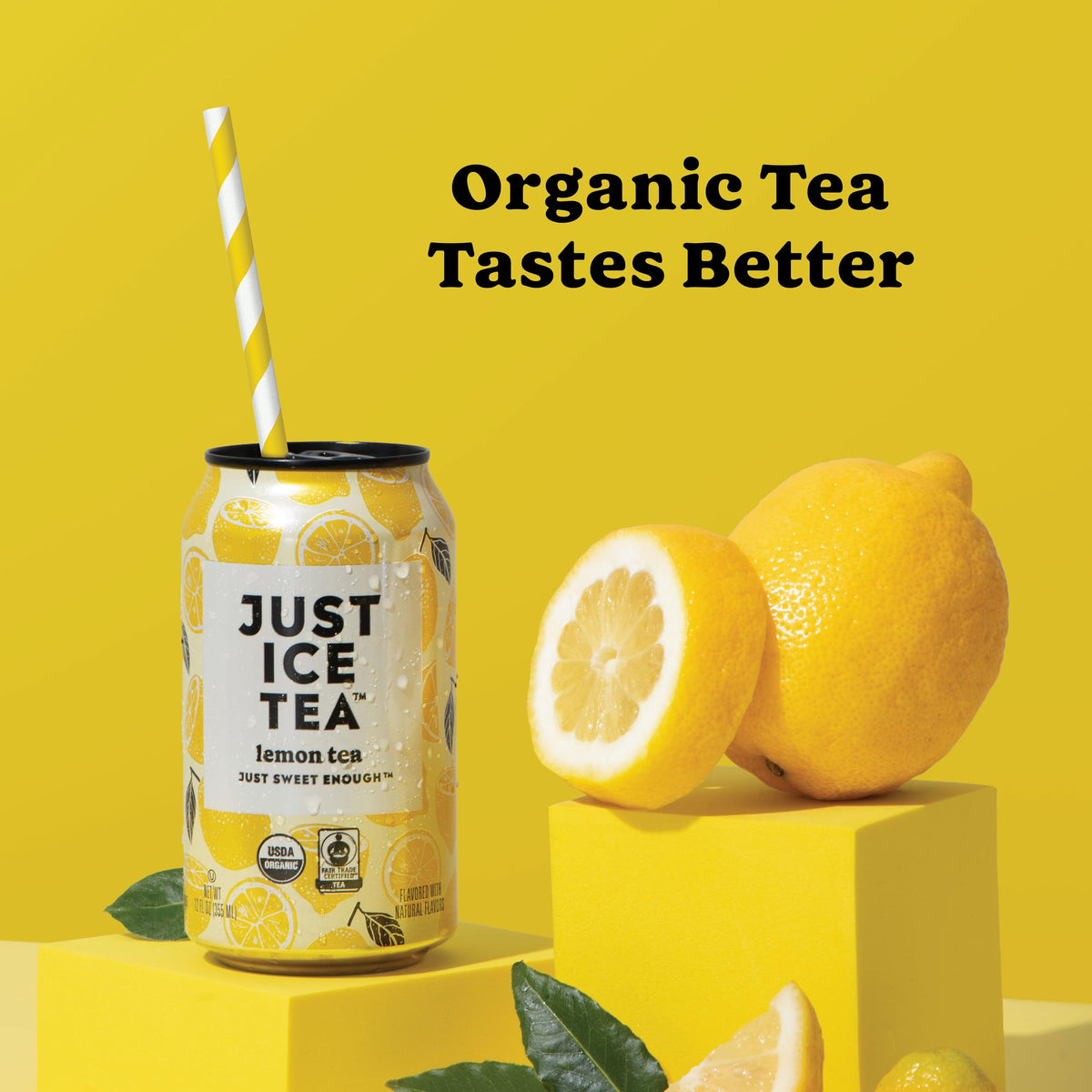 Just Ice Tea Lemon cans arranged highlight a quick, refreshing pick-me-up at home