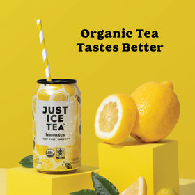 Just Ice Tea Lemon cans arranged highlight a quick, refreshing pick-me-up at home