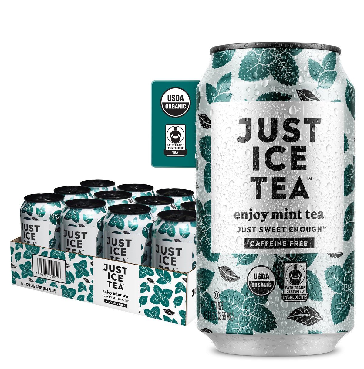 Just Ice Tea Mint can with real brewed flavor and caffeine-free profile for a refreshing sip