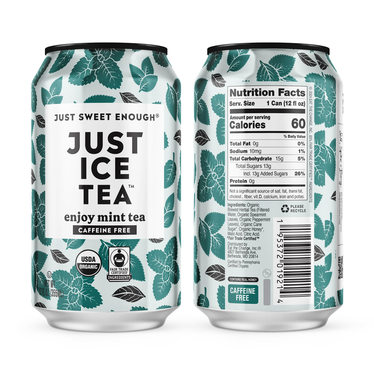 Just Ice Tea Mint label and packaging showing organic and USA-made credentials