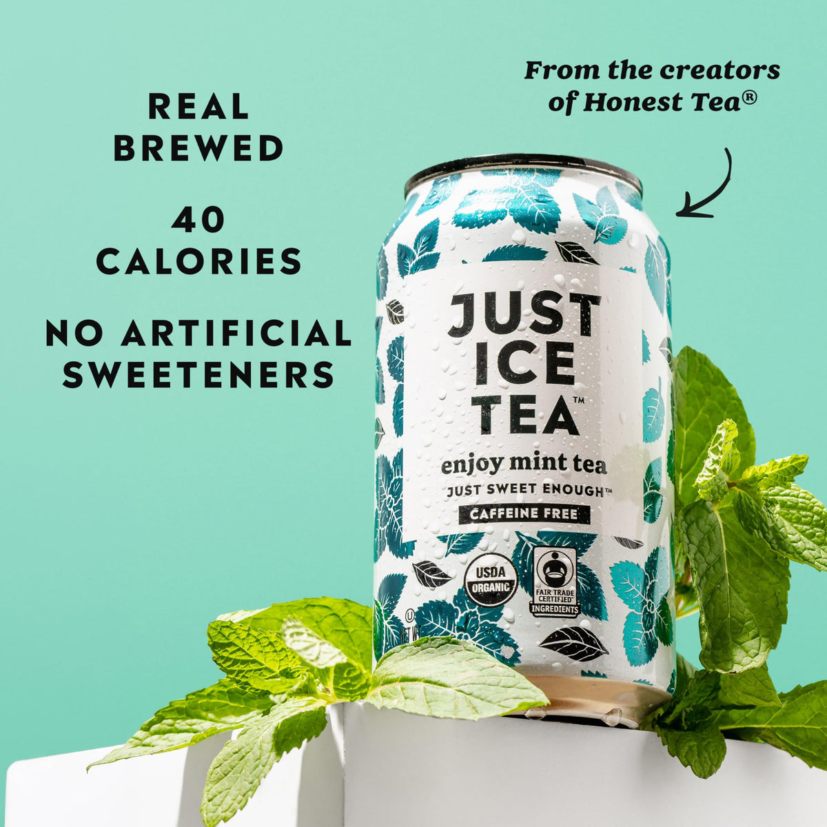 Mint leaves close-up on Just Ice Tea Mint highlighting organic ingredients