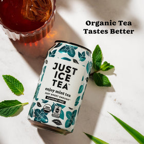 Twelve-pack cans of Just Ice Tea Mint for convenient everyday refreshment