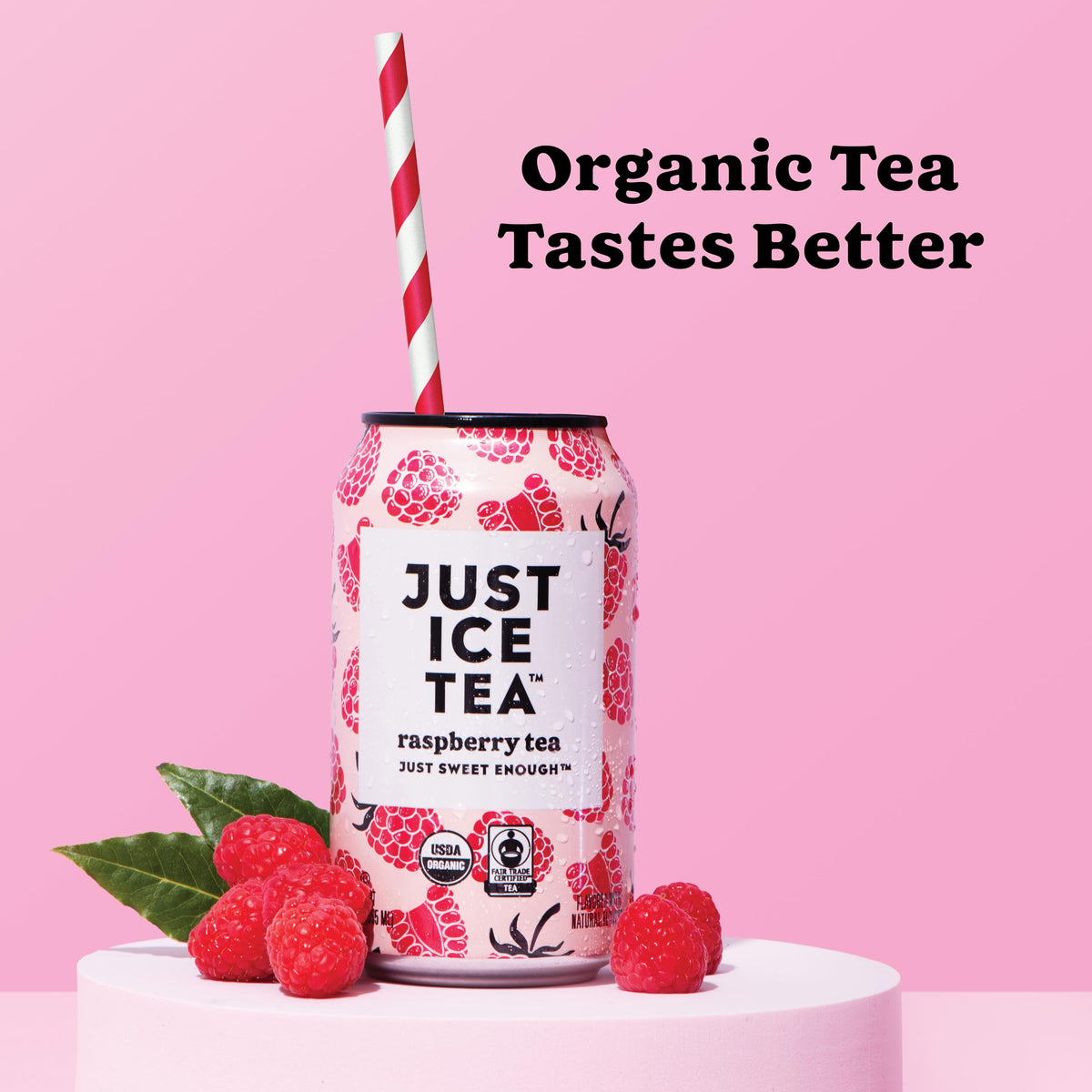 Just Ice Tea Raspberry can exterior with organic and fair trade badge.