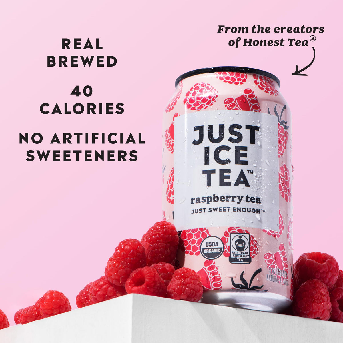 Just Ice Tea Raspberry can close-up showing real leaves and organic sourcing.