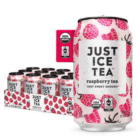 Just Ice Tea Raspberry Black Iced Tea can with organic label for a refreshing choice.