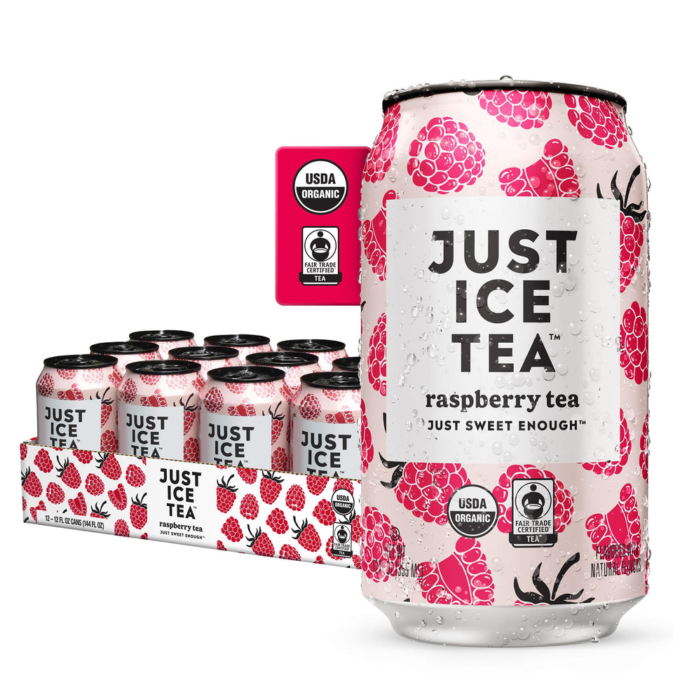 Just Ice Tea Raspberry Black Iced Tea can with organic label for a refreshing choice.