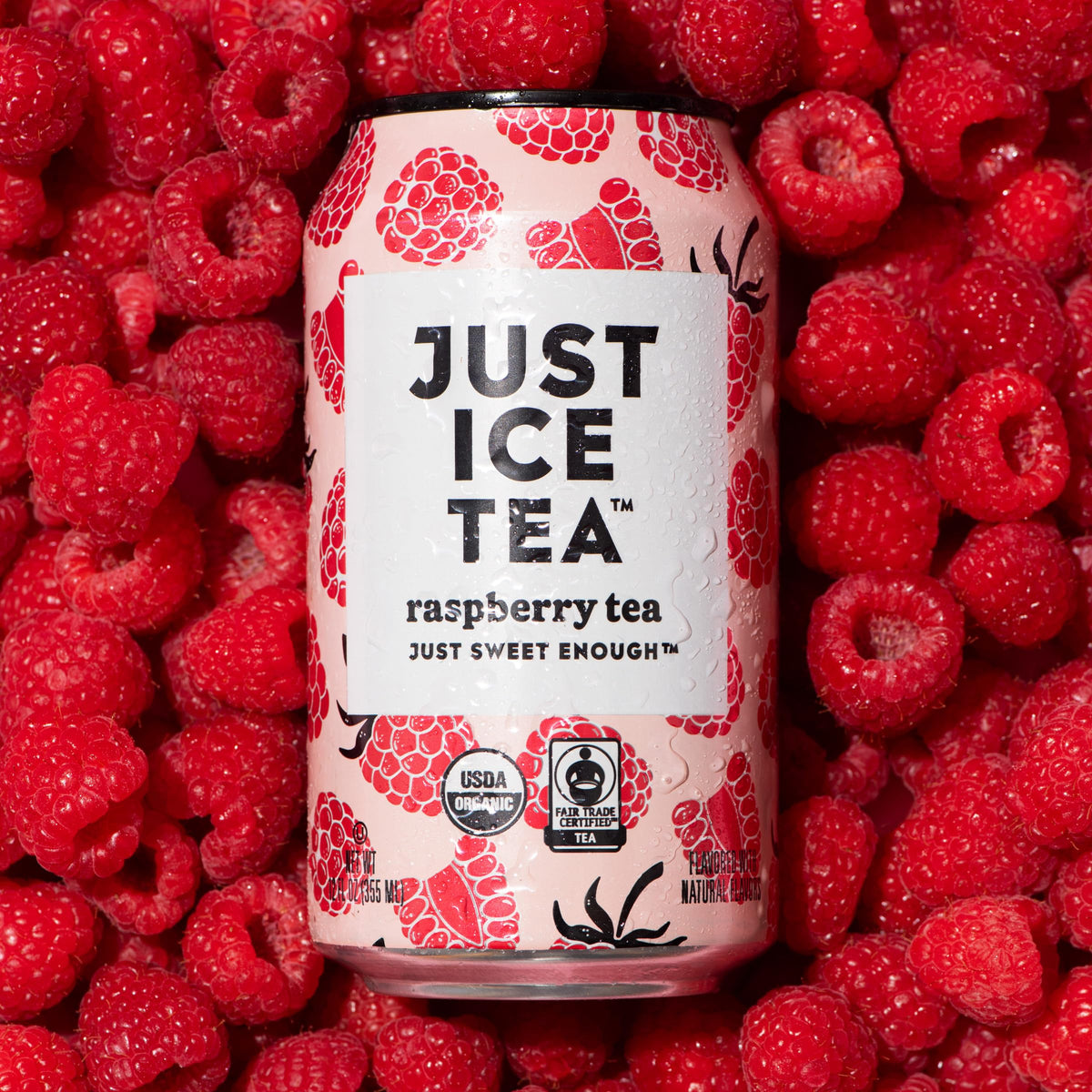 Just Ice Tea Raspberry label close-up highlights fair trade origins.