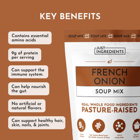 Just Ingredients bone broth with onion and garlic in a prepared serving bowl
