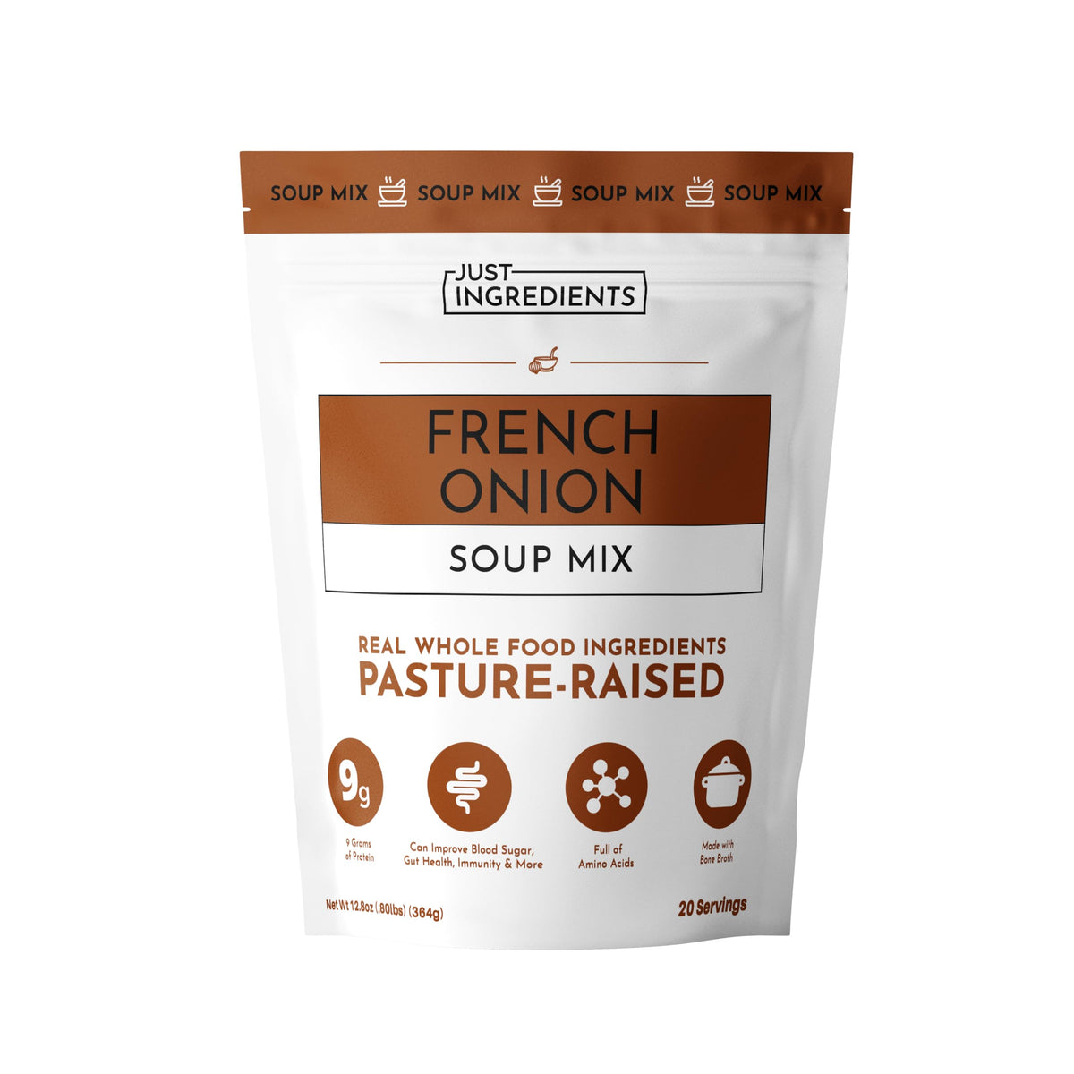 Just Ingredients French Onion Soup Mix packaging shows savory broth base for quick meals