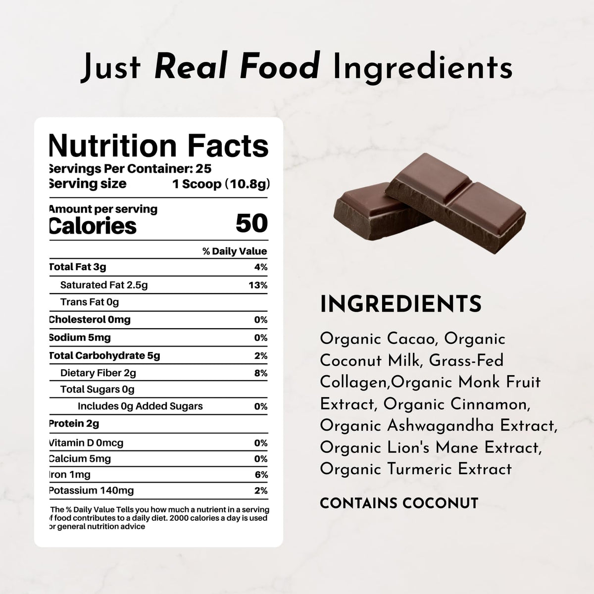 Just Ingredients organic cacao powder bag shown for antioxidant-rich cocoa.