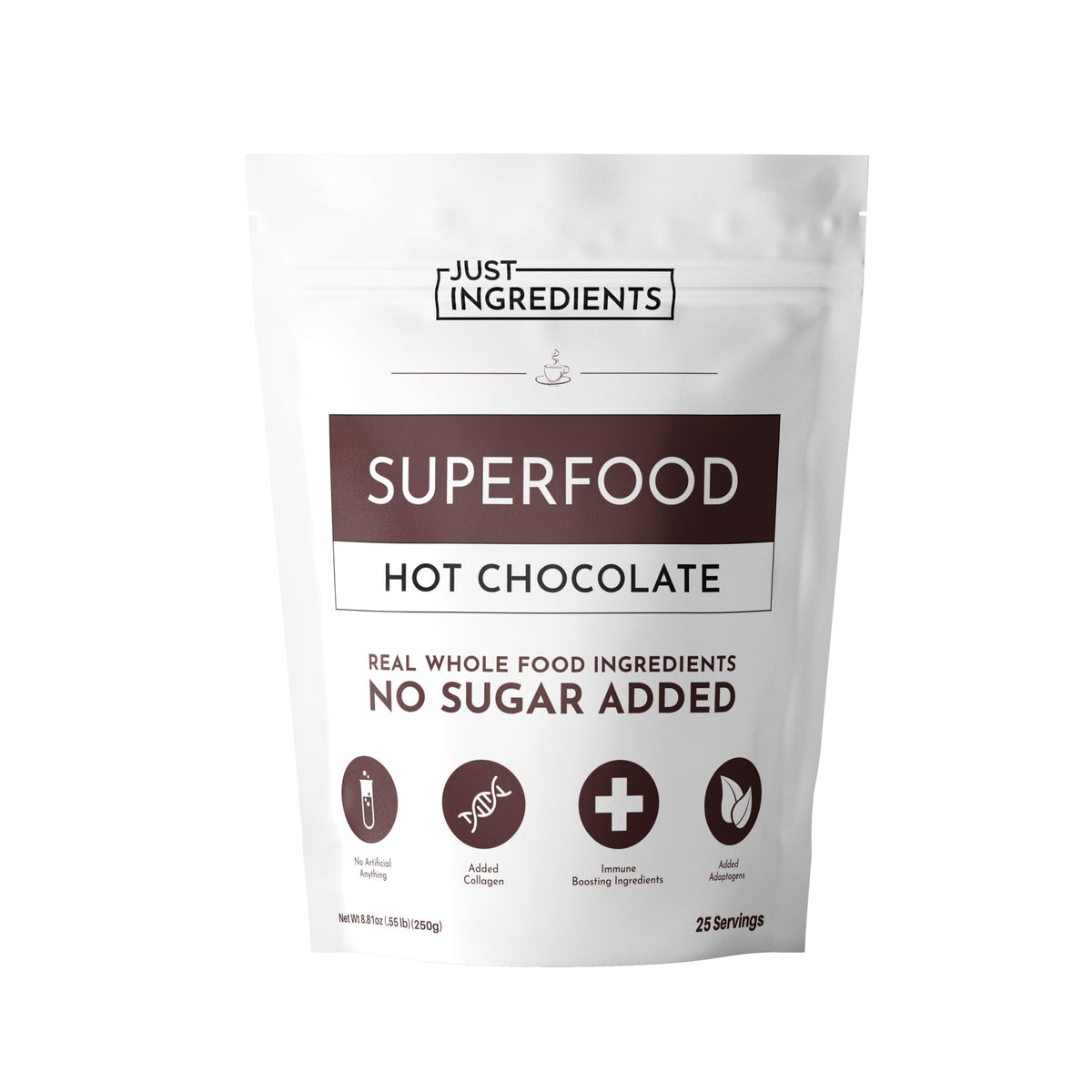 Just Ingredients Superfood Hot Chocolate in a mug for a rich, sugar-free treat.