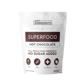 Just Ingredients Superfood Hot Chocolate in a mug for a rich, sugar-free treat.