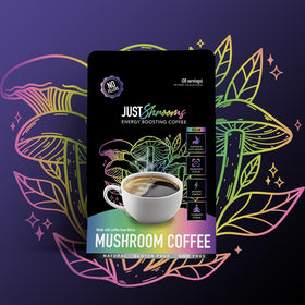 Just Move Mushroom Coffee brew scene, steaming mug ready for hot or iced enjoyment