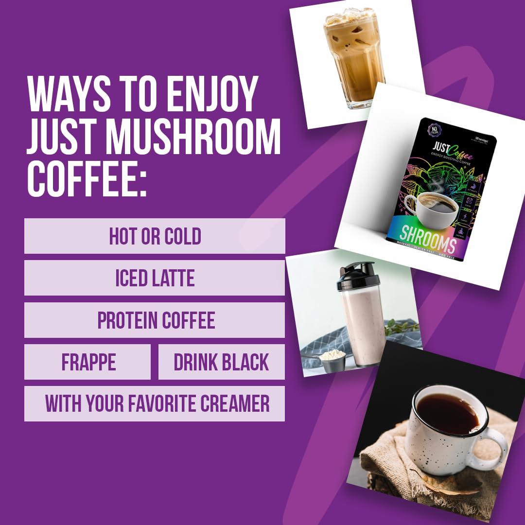 Just Move Mushroom Coffee five mushrooms mix on table, rich brew with potential endurance support