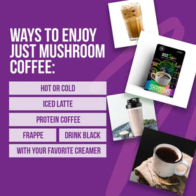 Just Move Mushroom Coffee five mushrooms mix on table, rich brew with potential endurance support