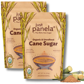Just Panela two-pack organic unrefined sugar on kitchen counter.
