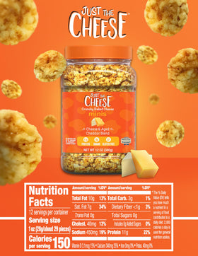 Just the Cheese Minis aged cheddar blend snack jar highlighting crisp texture for keto-friendly crunch.