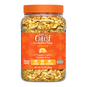 Just the Cheese Minis jar closeup showing rich cheddar flavor for high-protein snacking.