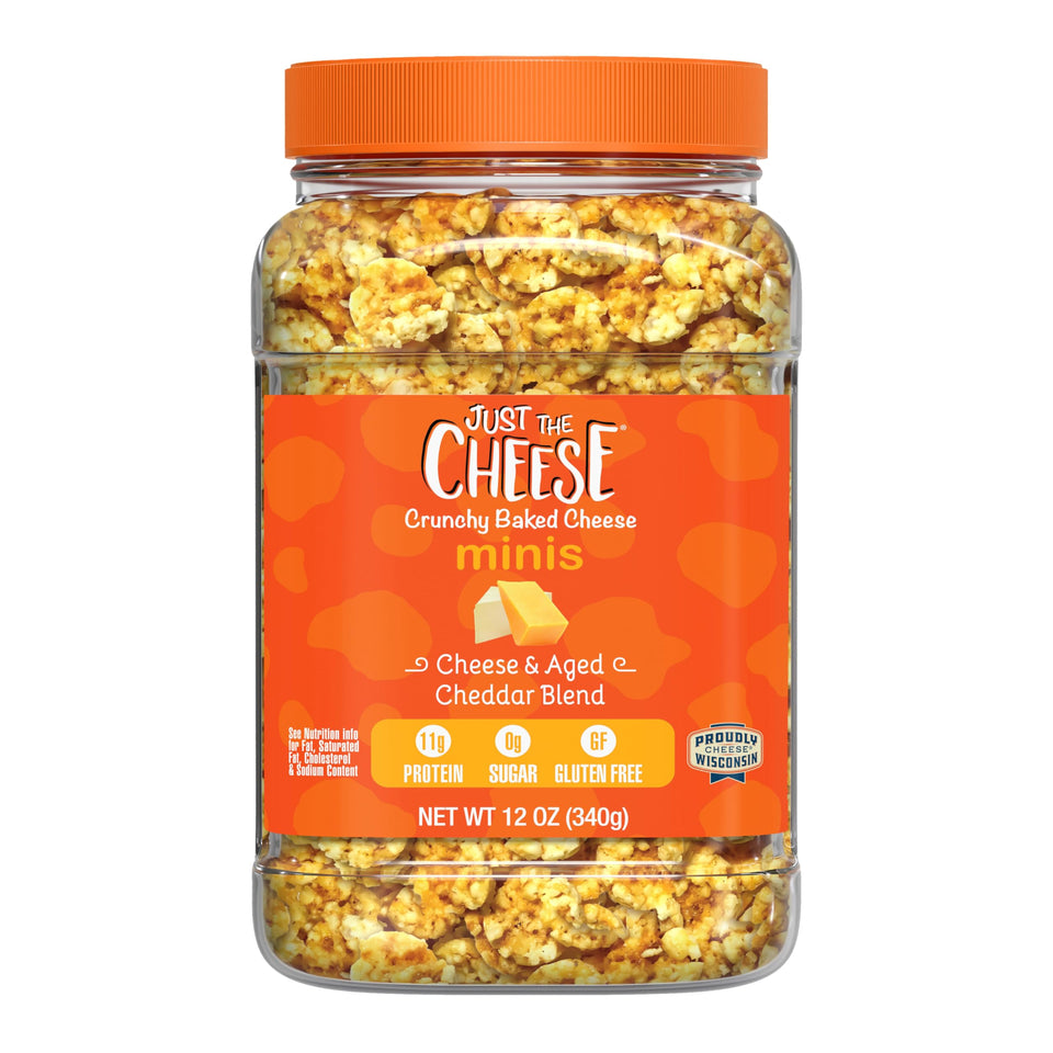 Just the Cheese Minis jar closeup showing rich cheddar flavor for high-protein snacking.