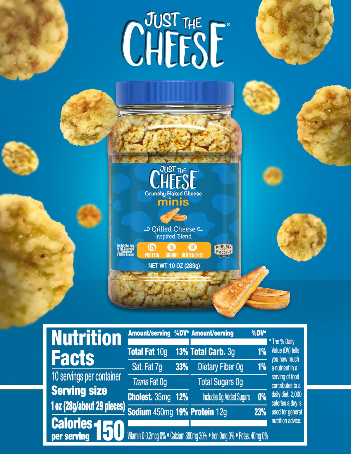 Just The Cheese Minis crisps closeup highlights crispy texture ideal for quick keto snacking.