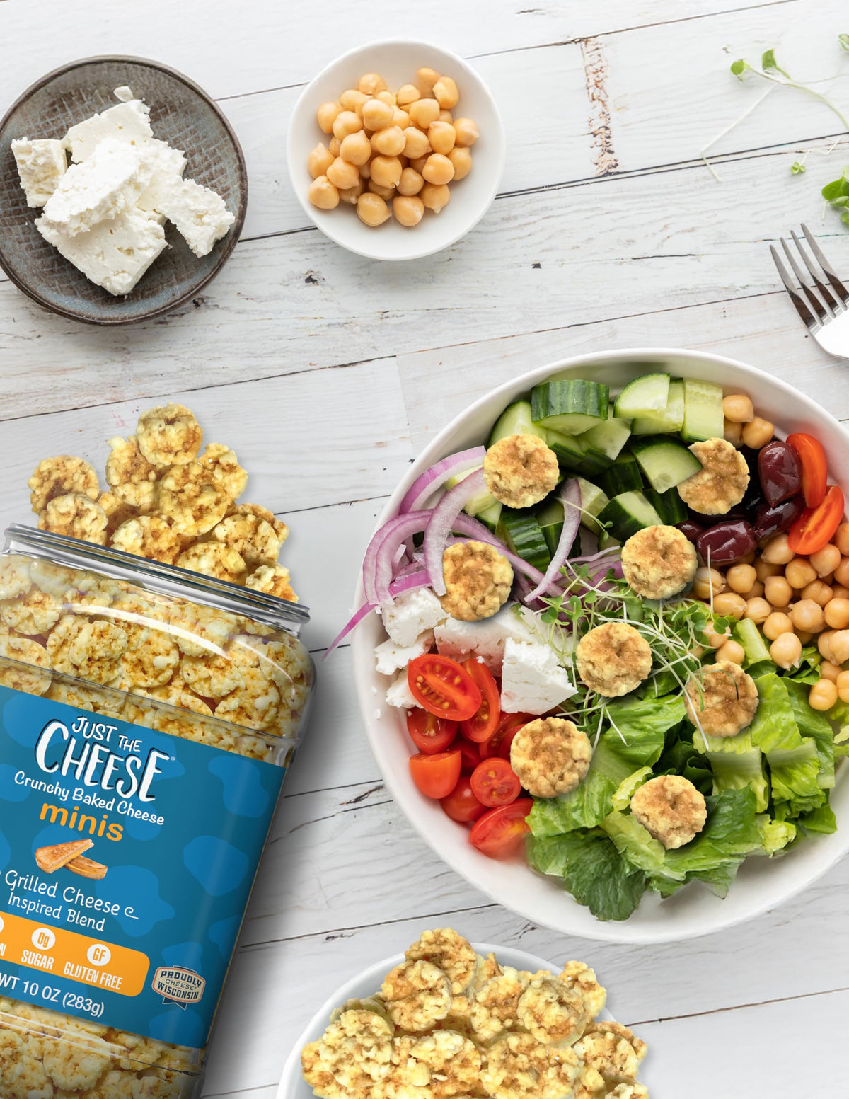 Just The Cheese Minis crunchy texture detail conveys cheesy aroma and crave worthy bite.