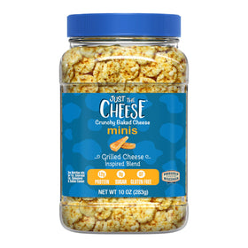 Just The Cheese Minis jar front shows real Wisconsin cheese crisps for a protein-packed snack.