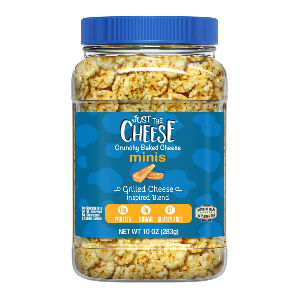 Just The Cheese Minis jar front shows real Wisconsin cheese crisps for a protein-packed snack.