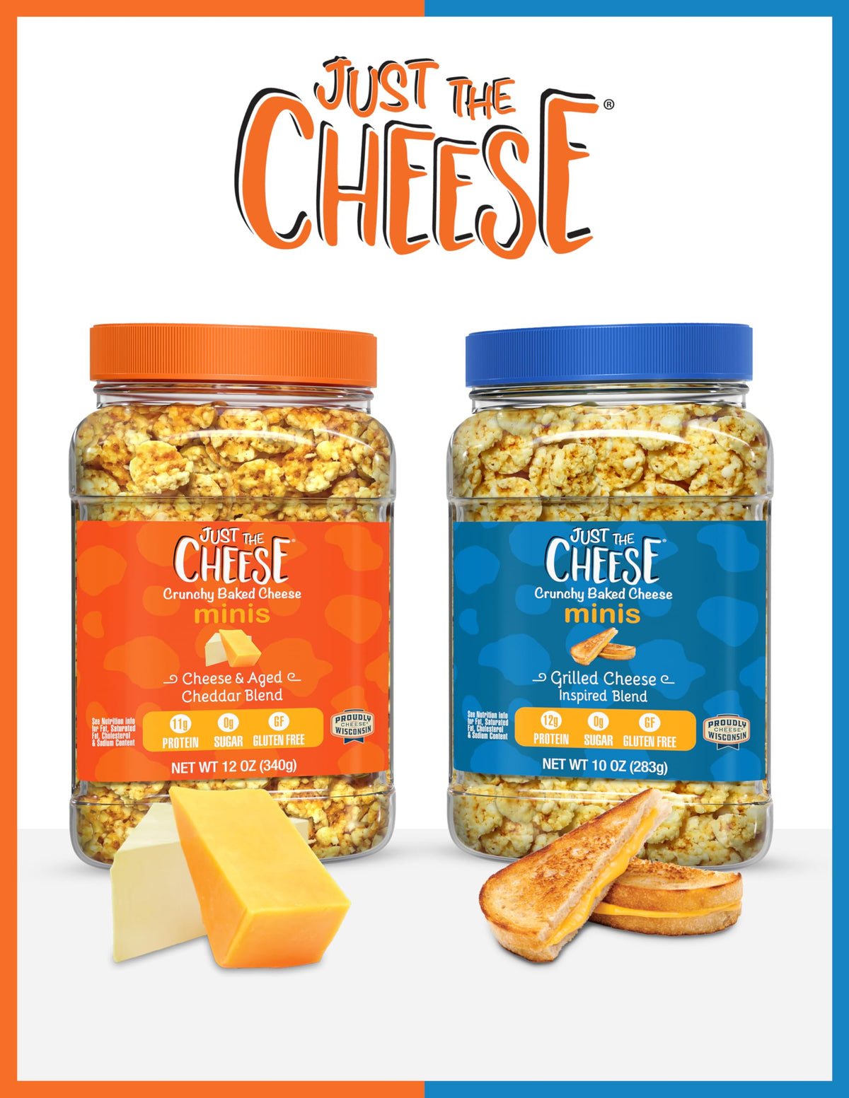 Just The Cheese Minis kitchen counter scene suggests convenient protein rich snacking anytime.
