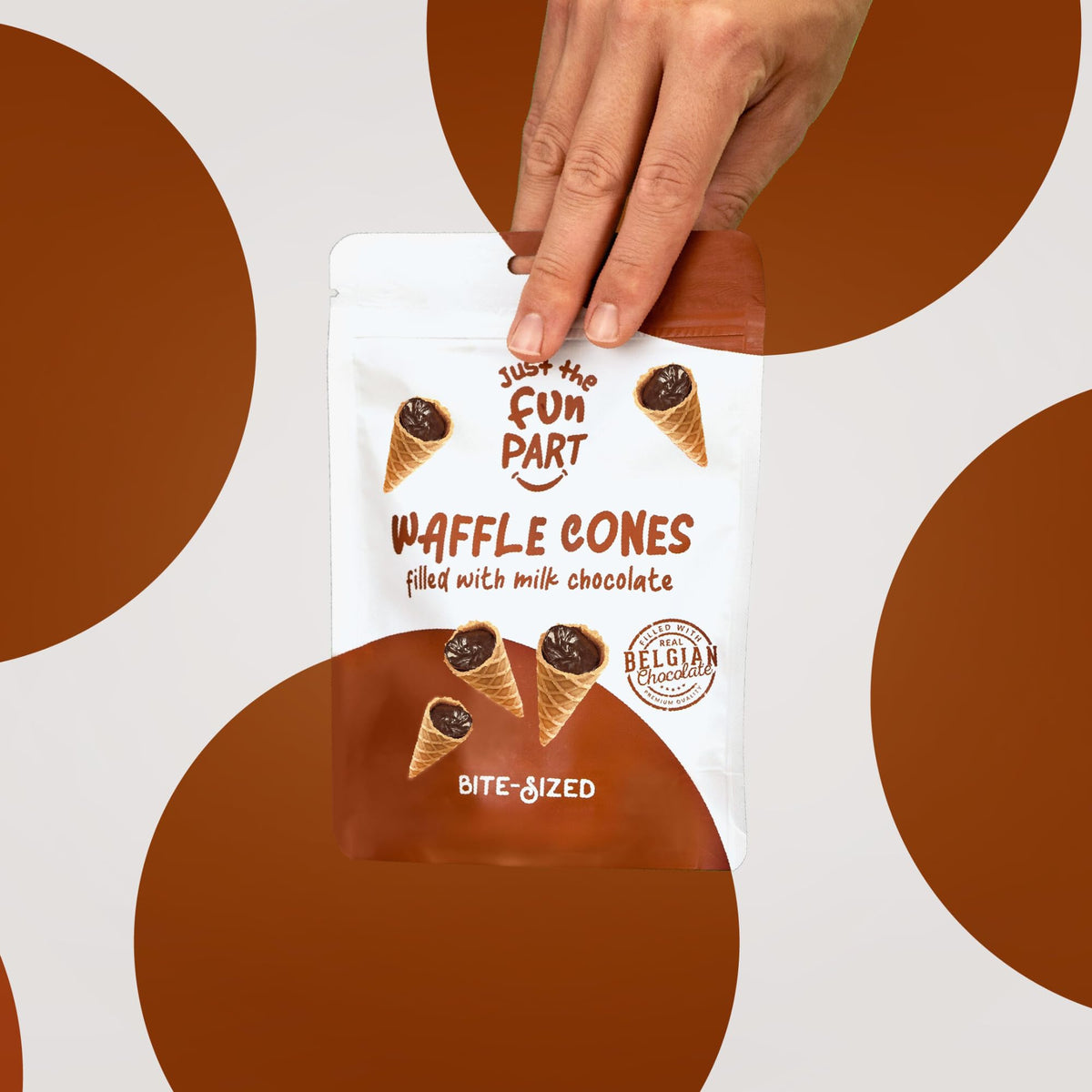 Just The Fun Part snack on the go, convenient bite-size cones in a bag.