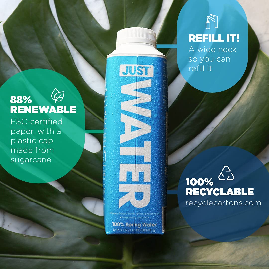 JUST Water bottle close-up label, BPA-free plant-based packaging.