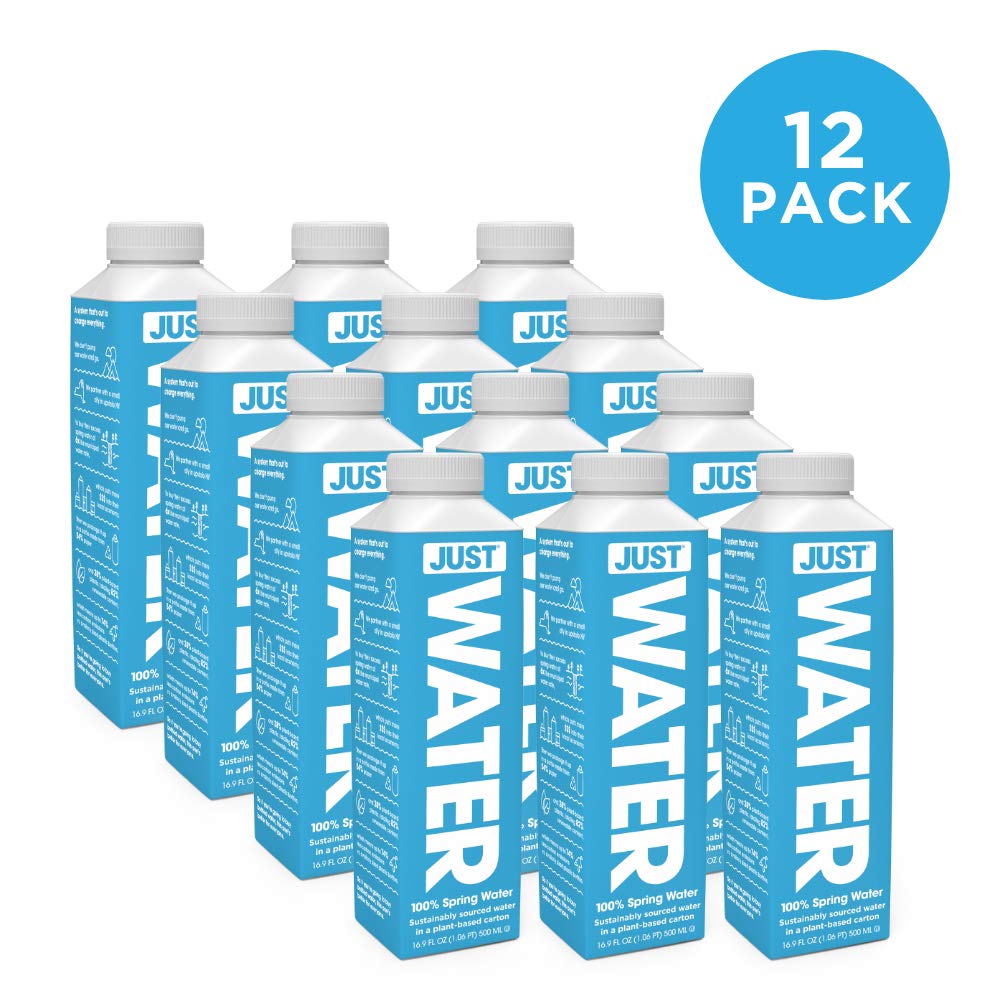 JUST Water bottle side view, compact and portable for bags or desks.