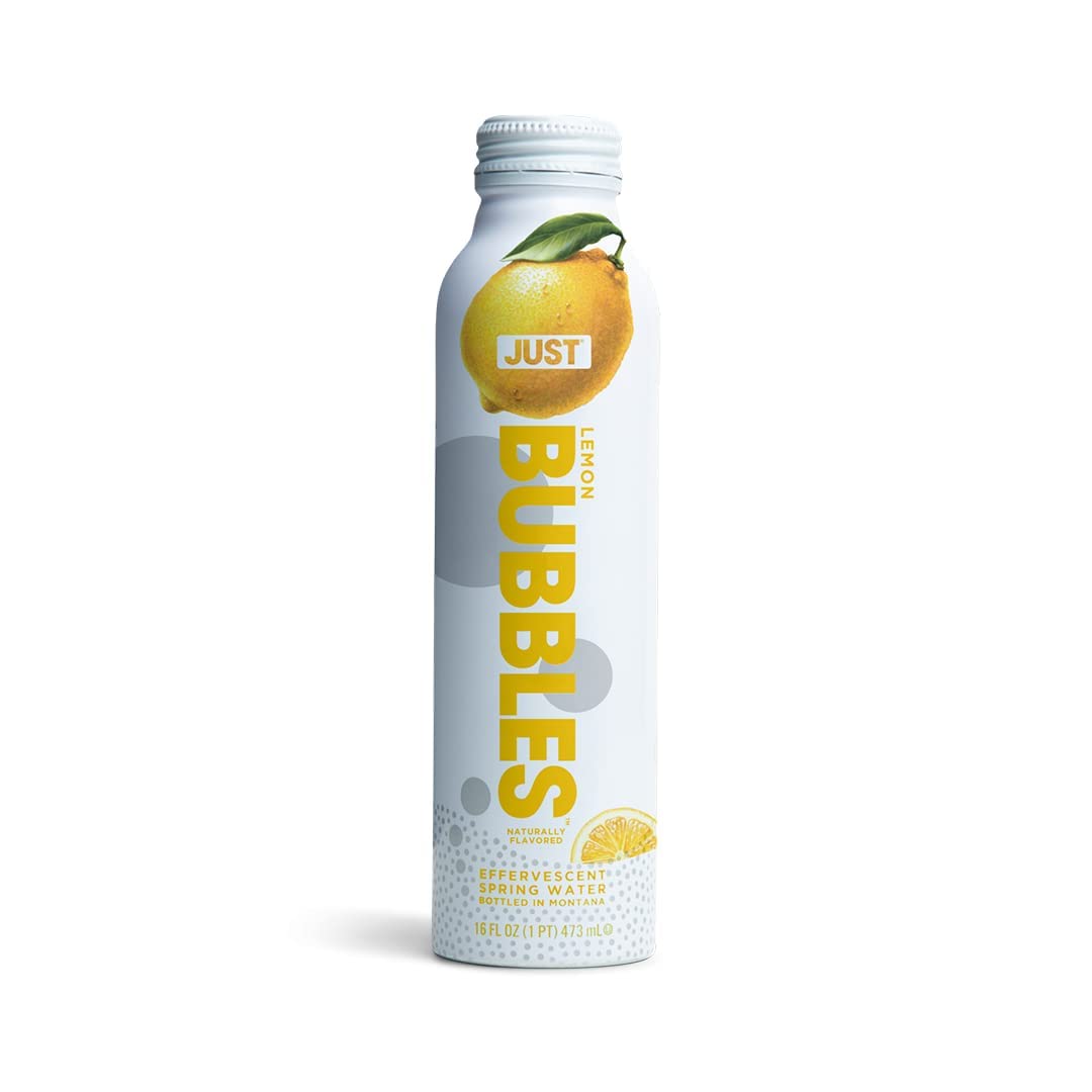 JUST Water Bubbles Lemon aluminum bottle reusable design highlights eco-friendly packaging benefits.