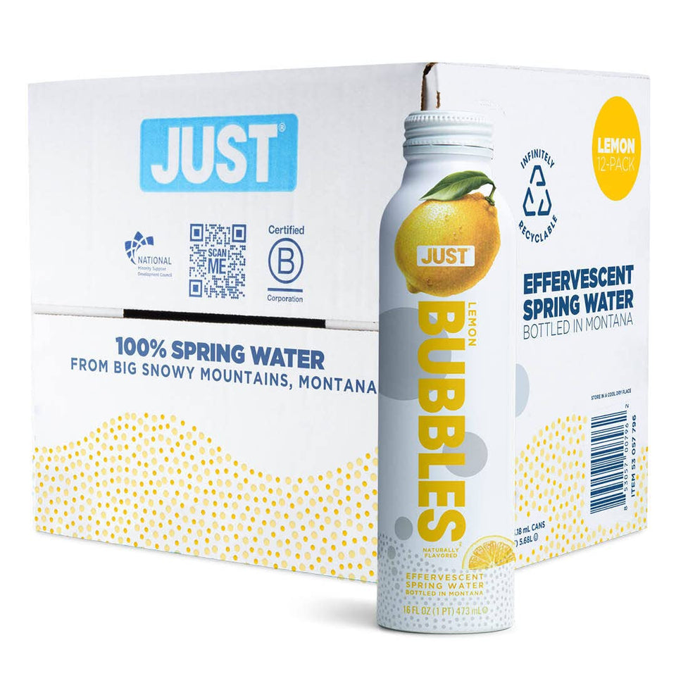 JUST Water Bubbles Lemon bottle close-up showing refreshing sparkle and premium aluminum packaging.