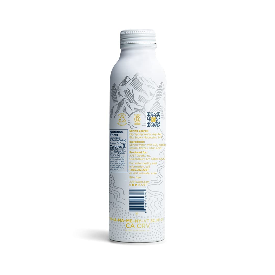 JUST Water Bubbles Lemon bottle on a surface emphasizes crisp flavor and sustainability.