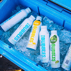 JUST Water Bubbles Lemon eco-packaging emphasizes recyclable aluminum bottle.