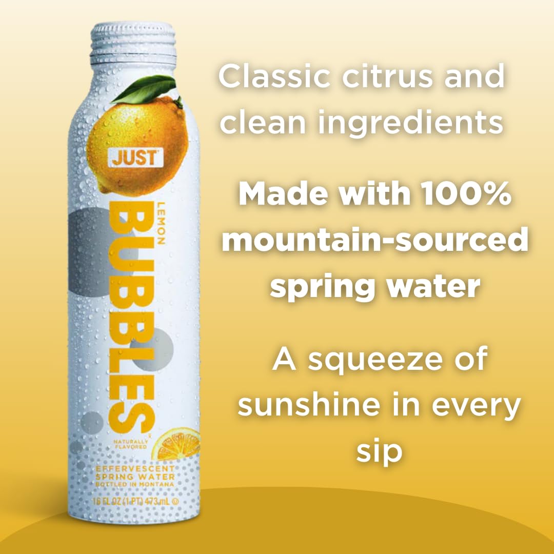 JUST Water Bubbles Lemon pour demonstrates sparkling spring water in a convenient aluminum bottle.