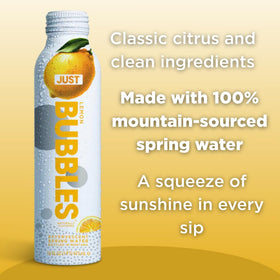 JUST Water Bubbles Lemon pour demonstrates sparkling spring water in a convenient aluminum bottle.