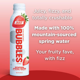 JUST Water Bubbles recyclable symbol highlights sustainable packaging.