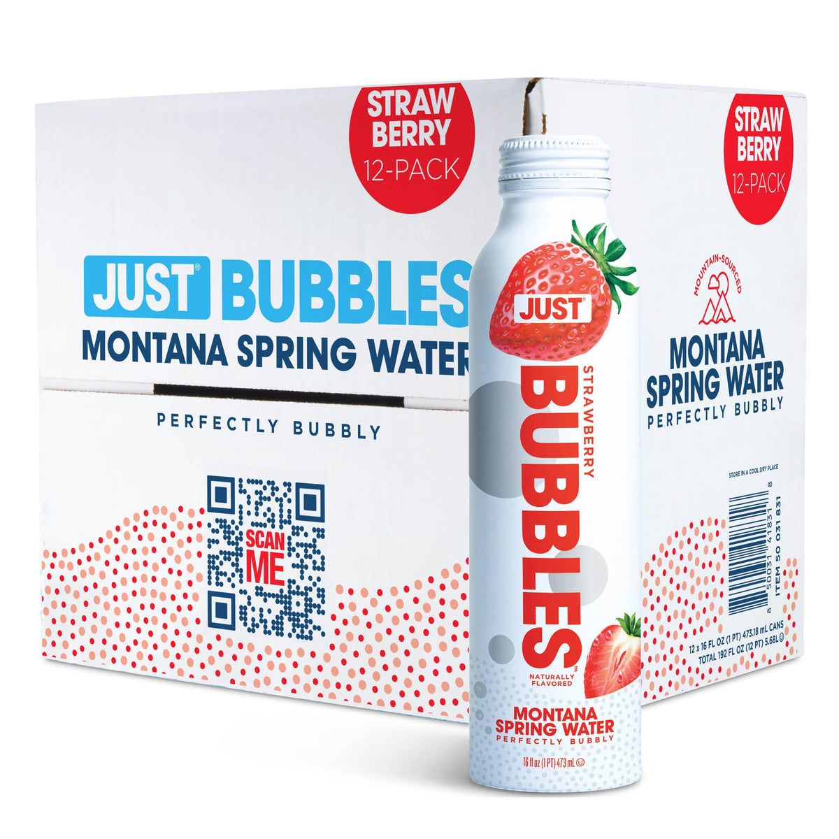 JUST Water Bubbles Strawberry bottle showing refreshing sparkling spring water in eco-friendly packaging.