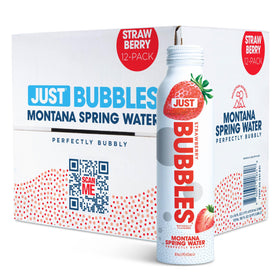 JUST Water Bubbles Strawberry bottle showing refreshing sparkling spring water in eco-friendly packaging.