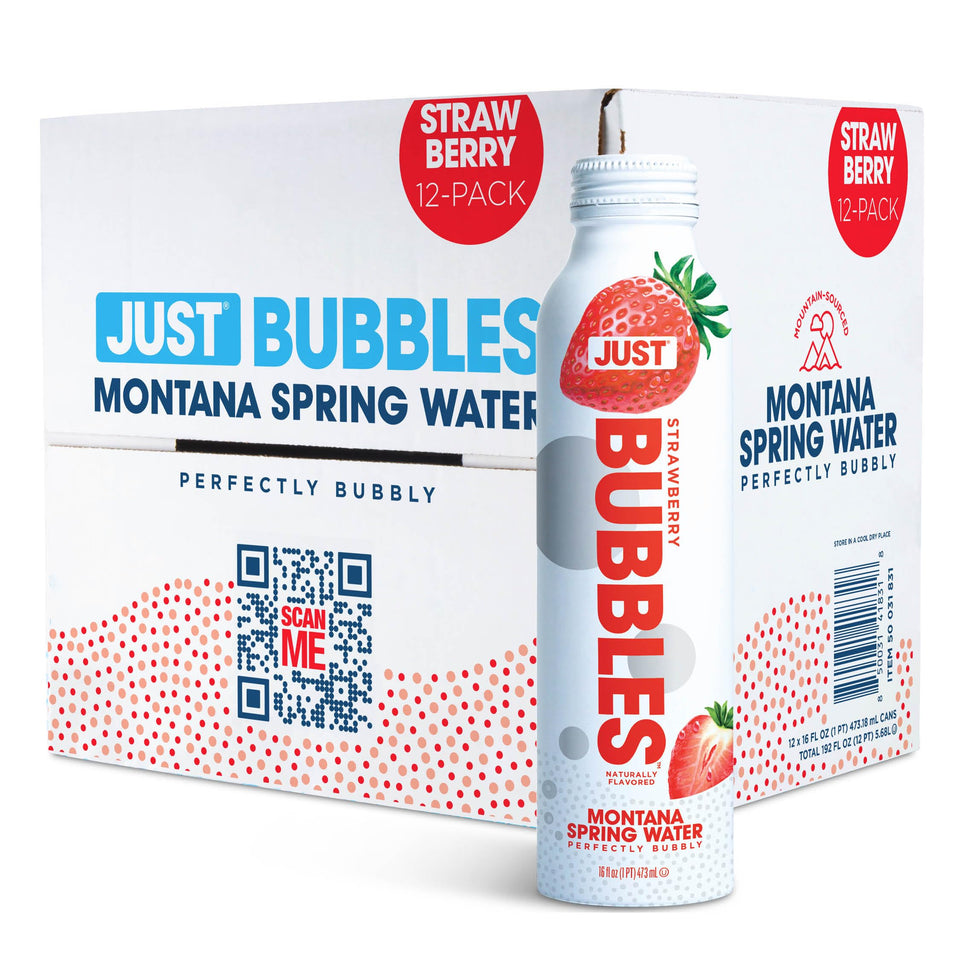 JUST Water Bubbles Strawberry bottle showing refreshing sparkling spring water in eco-friendly packaging.