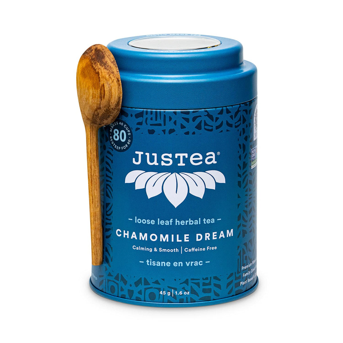 JusTea Chamomile Dream tin with hand-carved spoon for calming rituals