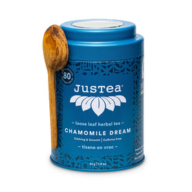 JusTea Chamomile Dream tin with hand-carved spoon for calming rituals