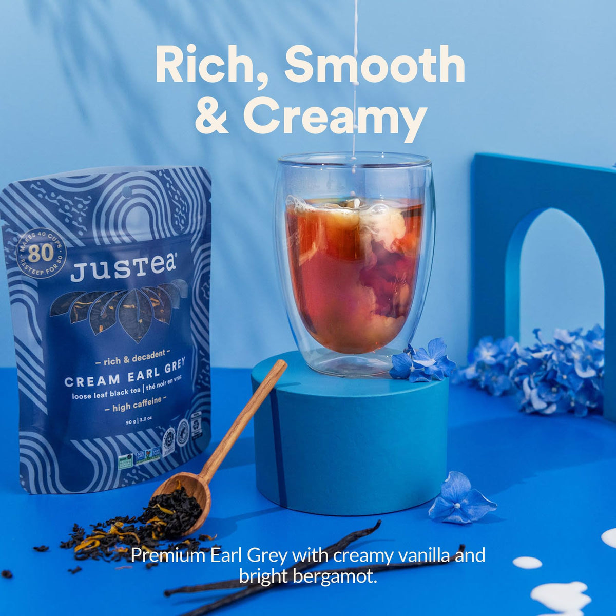 Steam rising from JusTea Cream Earl Grey cup showing creamy aroma