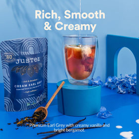 Steam rising from JusTea Cream Earl Grey cup showing creamy aroma