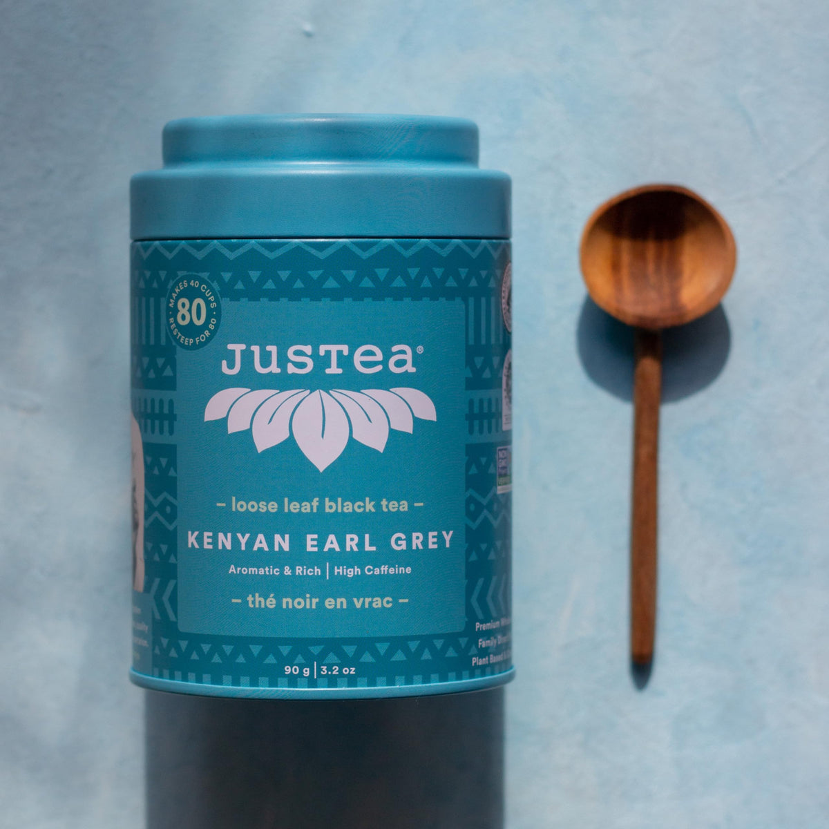 JusTea Kenyan Earl Grey loose leaf close-up highlighting premium whole leaves.