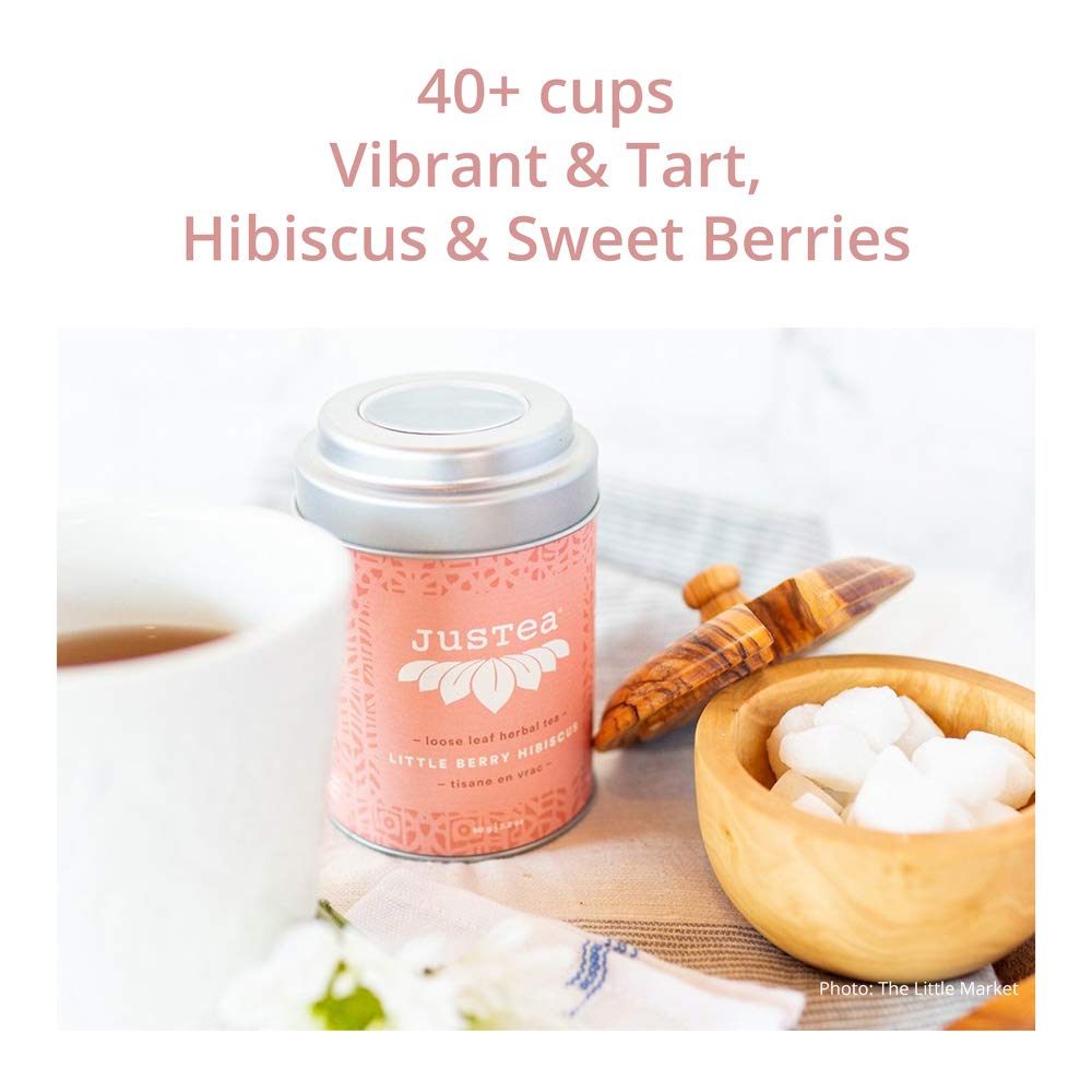 JusTea Little Berry Hibiscus glass cup of steeped tea with rich color