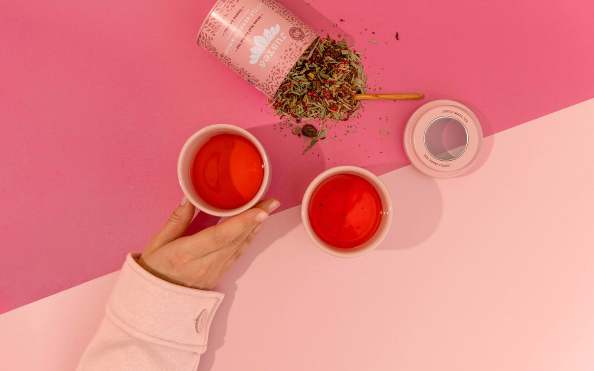 JusTea Little Berry Hibiscus tea leaves close-up showcasing whole-leaf quality
